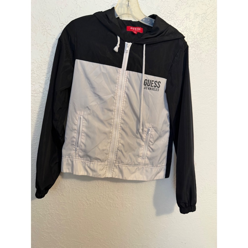 Guess Los Angeles Womens XS Windbreaker Jacket Black White Colorblock Hooded Zip
